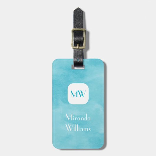 Eenvoudig en Chic Aqua Turquoise Monogram met naam Bagagelabel (Voorkant verticaal)