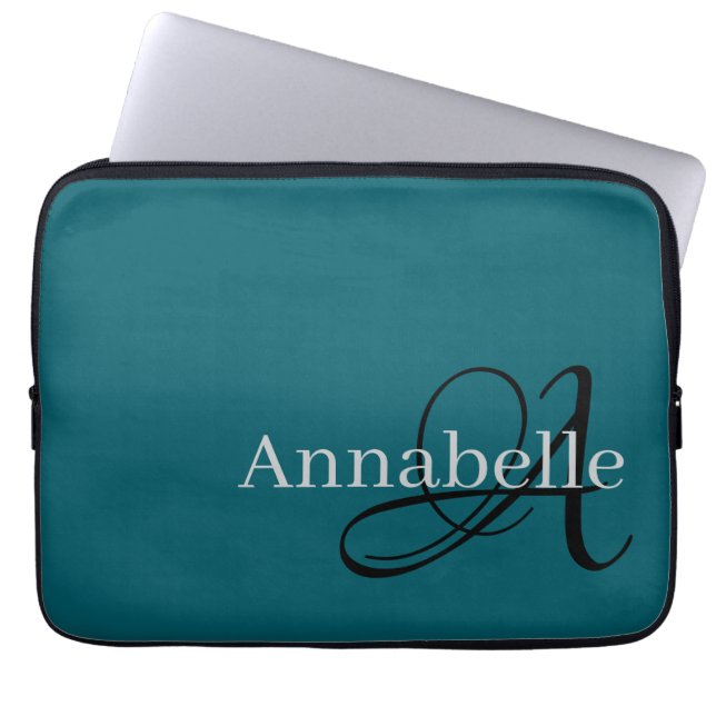 Eenvoudig en Elegant Blauw monogram en naam Laptop Sleeve (Voorkant)