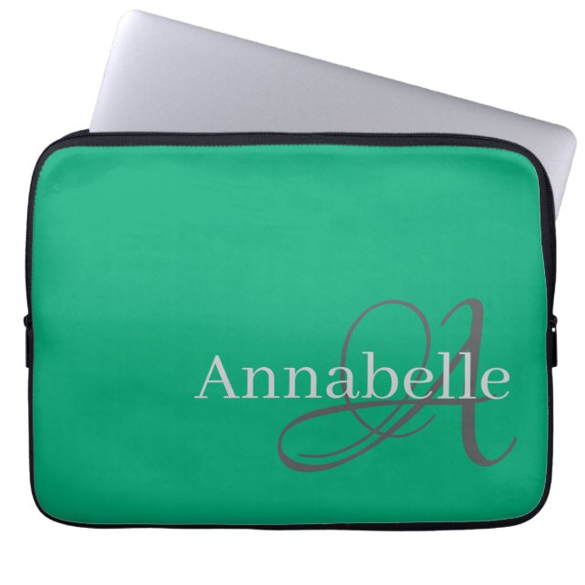 Eenvoudig en Elegant groen monogram en naam Laptop Sleeve (Voorkant)