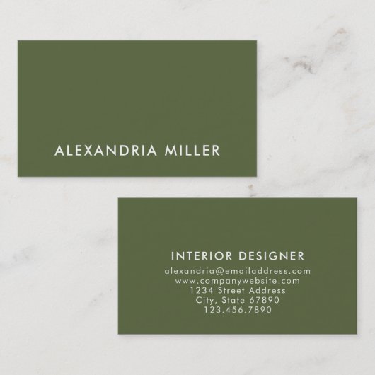 Eenvoudig en elegant Olive Green Visitekaartje (Voorkant / Achterkant)