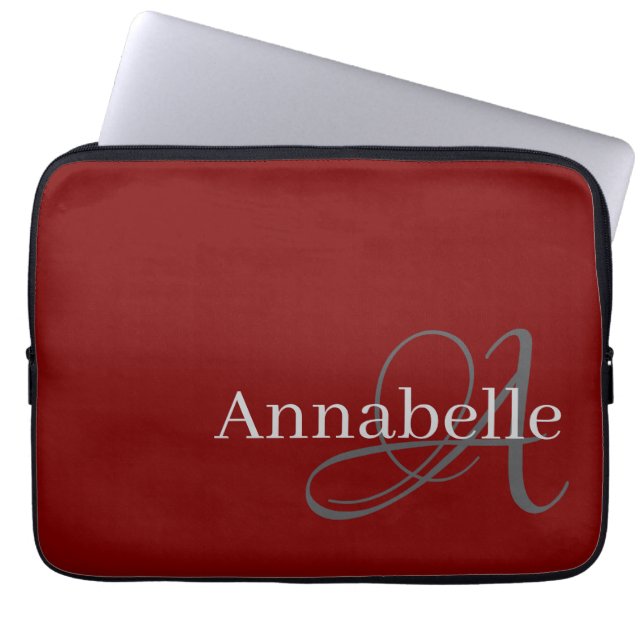 Eenvoudig en Elegant rood monogram en naam Laptop Sleeve (Voorkant)