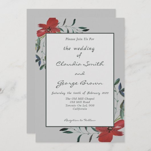 Eenvoudig en elegant rood papaver licht grijs huwe kaart (Voorkant / Achterkant)