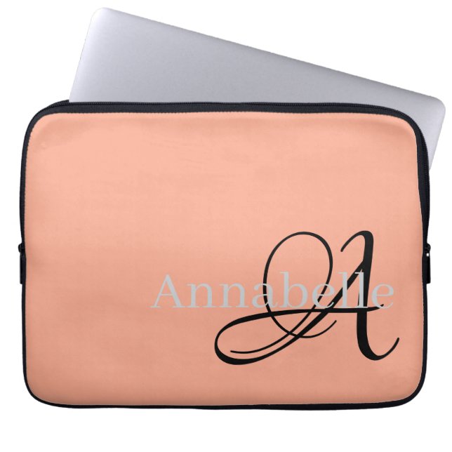 Eenvoudig en elegant roos monogram en naam laptop sleeve (Voorkant)