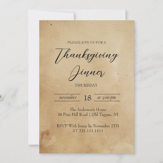 Eenvoudig en Elegant Rustiek Thanksgiving Diner Kaart (Voorkant)