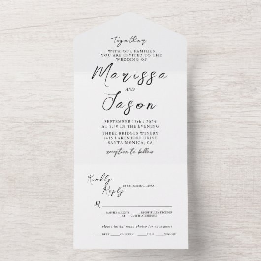 Eenvoudig en elegant zwart-wit huwelijk all in one uitnodiging (Binnen)