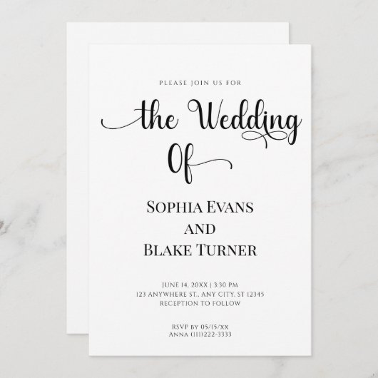 Eenvoudig en elegant zwart-wit huwelijk kaart (Voorkant / Achterkant)