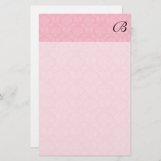 Eenvoudig en klassiek roze damast met zwart monogr briefpapier (Voorkant / Achterkant)