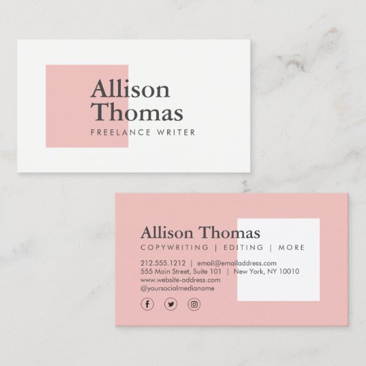 Eenvoudig en minimaal Roze Vierkant Modern Visitekaartje (Voorkant / Achterkant)