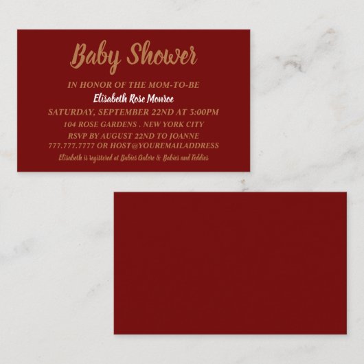 Eenvoudig en modern, rood en goud Baby shower Visitekaartje (Voorkant / Achterkant)