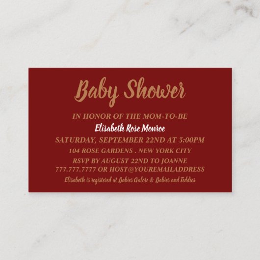 Eenvoudig en modern, rood en goud Baby shower Visitekaartje (Voorkant)