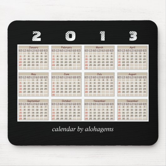 Eenvoudig en netjes kalender 2013 Mousepad Muismat (Voorkant)