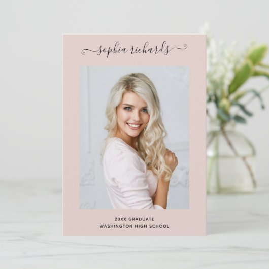 Eenvoudig en stijlvol | Blush roze foto Afstuderen Aankondiging (Staand voorkant)