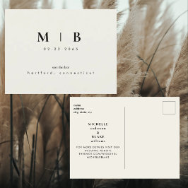Eenvoudig en stijlvol Monogram beige Save the Date Aankondigingskaart