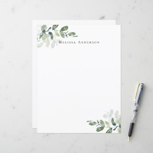 Eenvoudig Eucalyptus gepersonaliseerd briefpapier (Voorkant / Achterkant in situ)