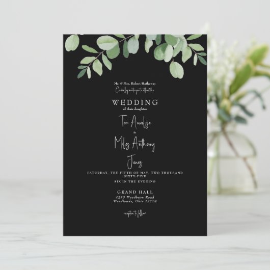 Eenvoudig Eucalyptus Greenery Black Wedding Kaart (Staand voorkant)