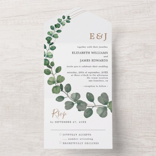 Eenvoudig Eucalyptus-minimalistisch huwelijk All In One Uitnodiging (Binnen)