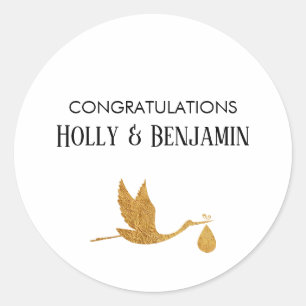 Eenvoudig Faux Gold Stork-Baby shower Ronde Sticker