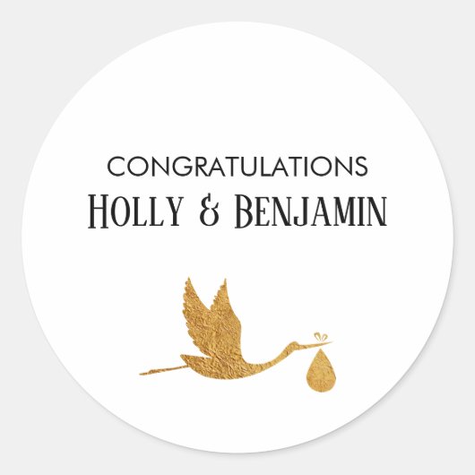 Eenvoudig Faux Gold Stork-Baby shower Ronde Sticker (Voorkant)