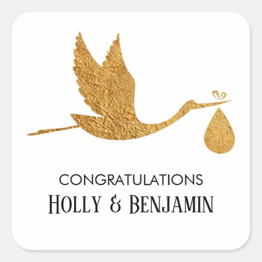 Eenvoudig Faux Gold Stork-Baby shower Vierkante Sticker (Voorkant)