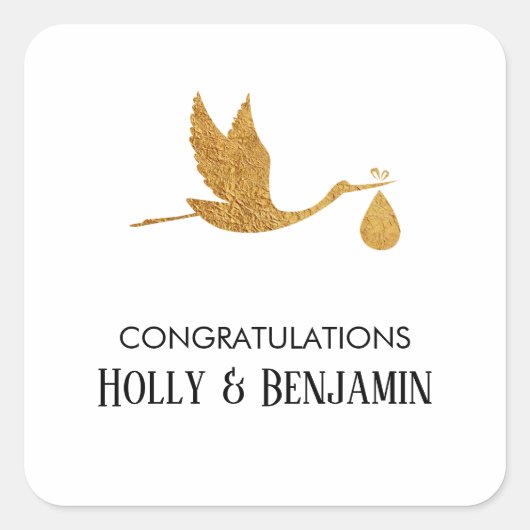 Eenvoudig Faux Gold Stork-Baby shower Vierkante Sticker (Voorkant)