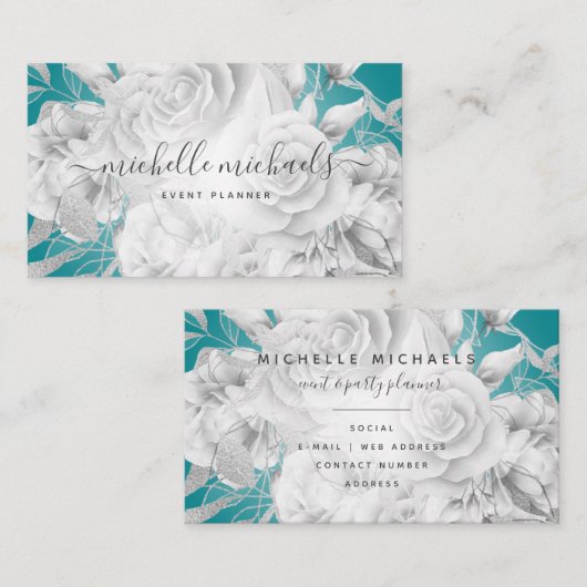 Eenvoudig Floral Blauwgroen & Zilver Modern Manusc Visitekaartje (Voorkant / Achterkant)