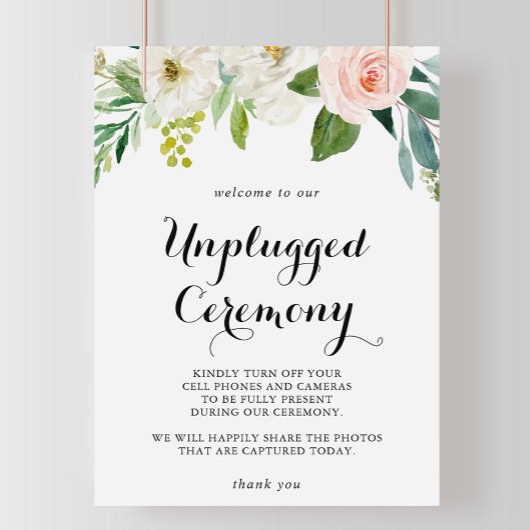 Eenvoudig Floral Green Unplugged Ceremony-teken Poster