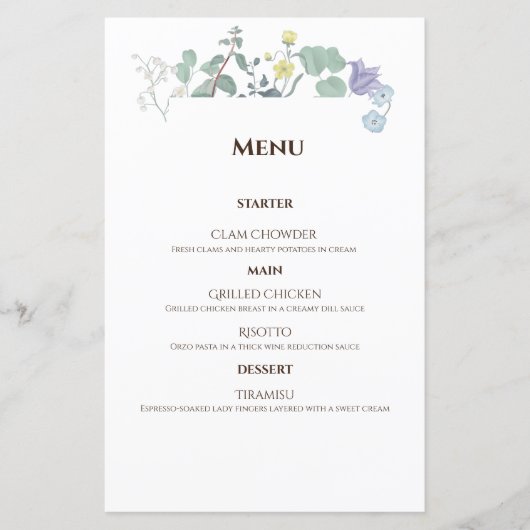 Eenvoudig Floral minimalist Wedding menu (Voorkant)