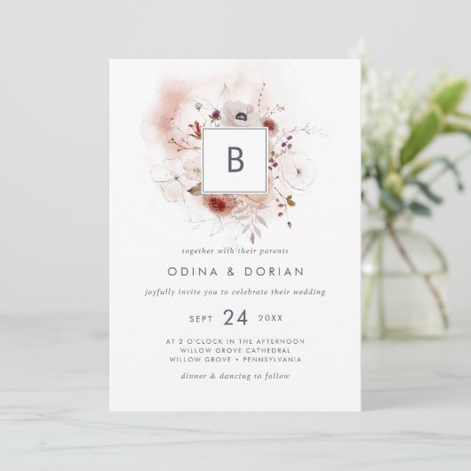 Eenvoudig Floral Monogram Weddenschap Kaart (Staand voorkant)