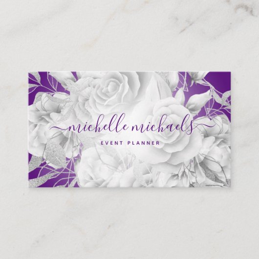 Eenvoudig Floral Paars- en Silver Modern-script Visitekaartje (Voorkant)