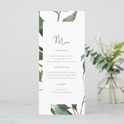 Eenvoudig Foliage Monogram Trouwmenu Menu (Staand voorkant)