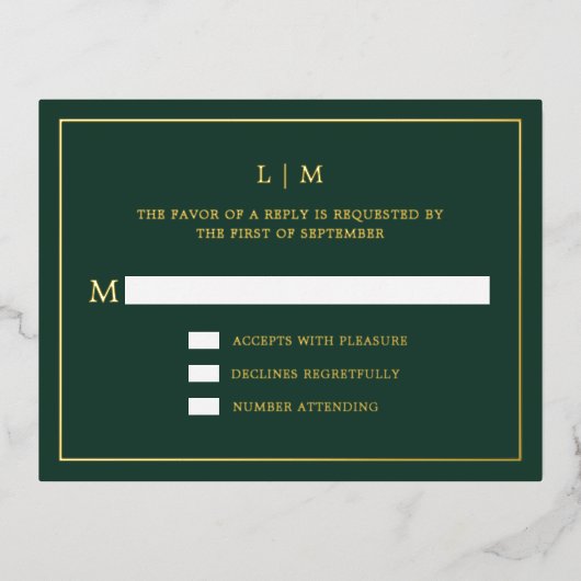 Eenvoudig Forest Green Monogram Elegante bruiloft  Folie Uitnodiging Briefkaart (Voorkant)