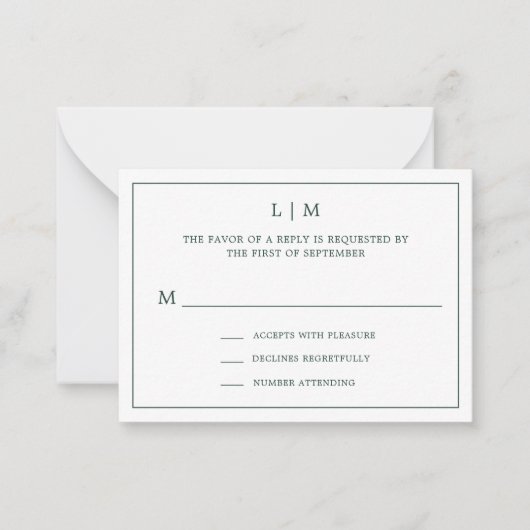 Eenvoudig Forest Green Monogram Mini Wedding RSVP Notitiekaartje (Voorkant)