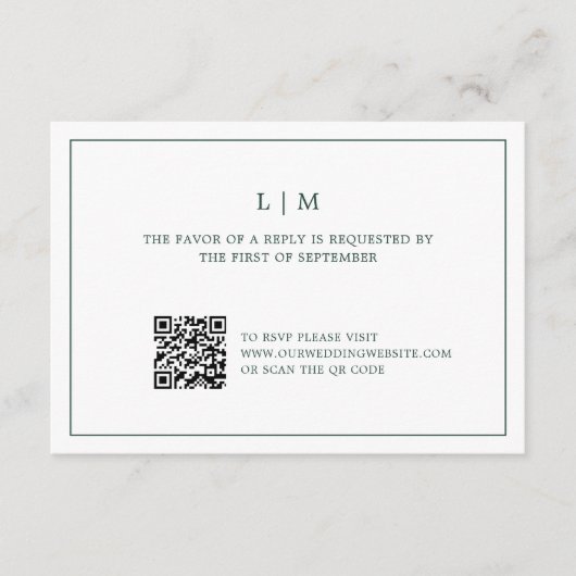 Eenvoudig Forest Green Monogram QR Code Trouwen RSVP Kaartje (Voorkant)