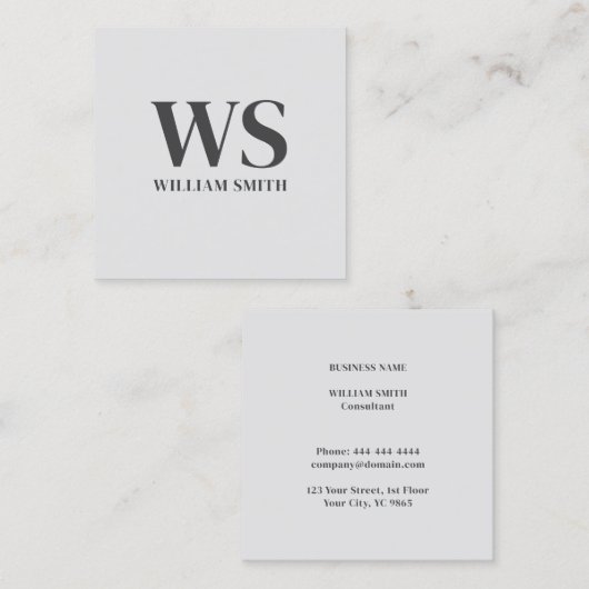 Eenvoudig formeel wit grijs monogram vet typografi vierkante visitekaartje (Voorkant / Achterkant)