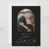 Eenvoudig foto elegant script zwarte bruiloft save the date (Voorkant)