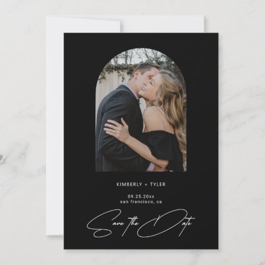 Eenvoudig foto elegant script zwarte bruiloft save the date (Voorkant)