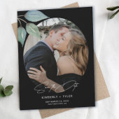 Eenvoudig foto elegant script zwarte bruiloft save the date