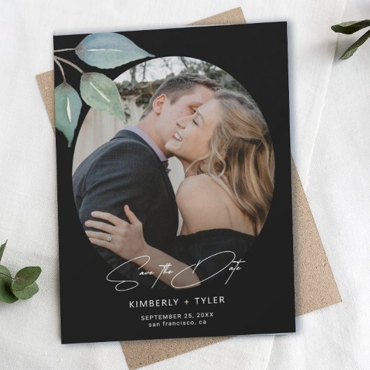 Eenvoudig foto elegant script zwarte bruiloft save the date