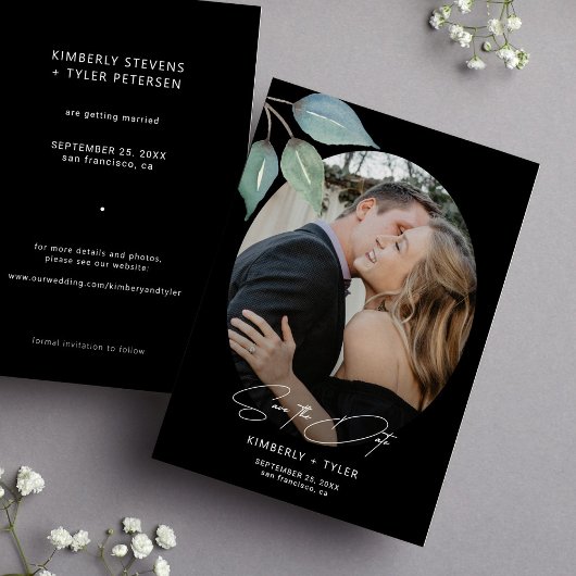 Eenvoudig foto elegant script zwarte bruiloft save the date