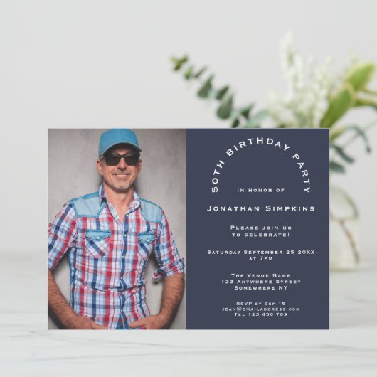 Eenvoudig Foto Man 50e verjaardag Navy Blue Kaart (Staand voorkant)