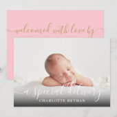 Eenvoudig Fotobabyscript Roze Geboorte Meisje Aankondiging (Voorkant / Achterkant)