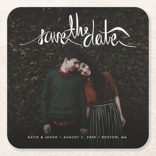 Eenvoudig fotohuwelijk sparen de datum kartonnen onderzetters (Voorkant)