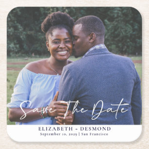 Eenvoudig fotohuwelijk sparen de datum kartonnen onderzetters