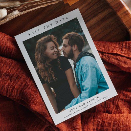 Eenvoudig fotohuwelijk sparen de datum magnetische uitnodiging