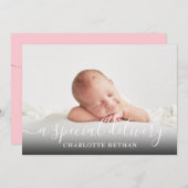 Eenvoudig fotoscript Baby Girl Pink Birth Aankondiging (Voorkant / Achterkant)