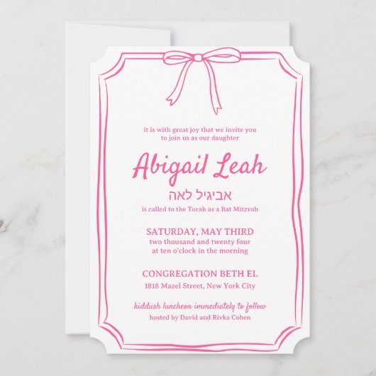 Eenvoudig Fun Girly Bow Design Hot Pink Bat Mitswa Kaart (Voorkant)