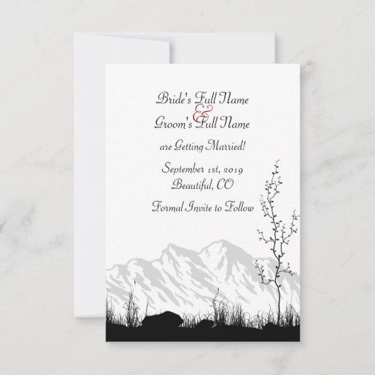 Eenvoudig gebergte, zwart, wit en rood huwelijk save the date (Achterkant)