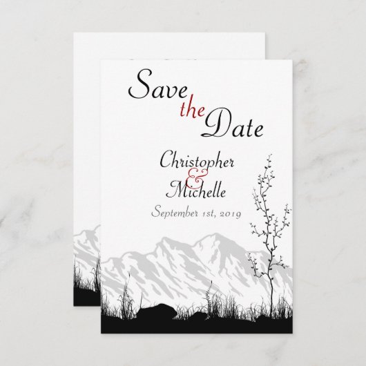 Eenvoudig gebergte, zwart, wit en rood huwelijk save the date (Voorkant / Achterkant)