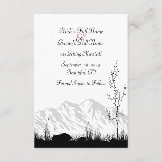 Eenvoudig gebergte, zwart, wit en rood huwelijk save the date (Achterkant)