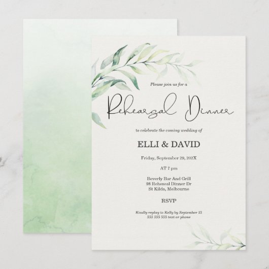 Eenvoudig gebladerte groen repetitie diner kaart (Voorkant / Achterkant)